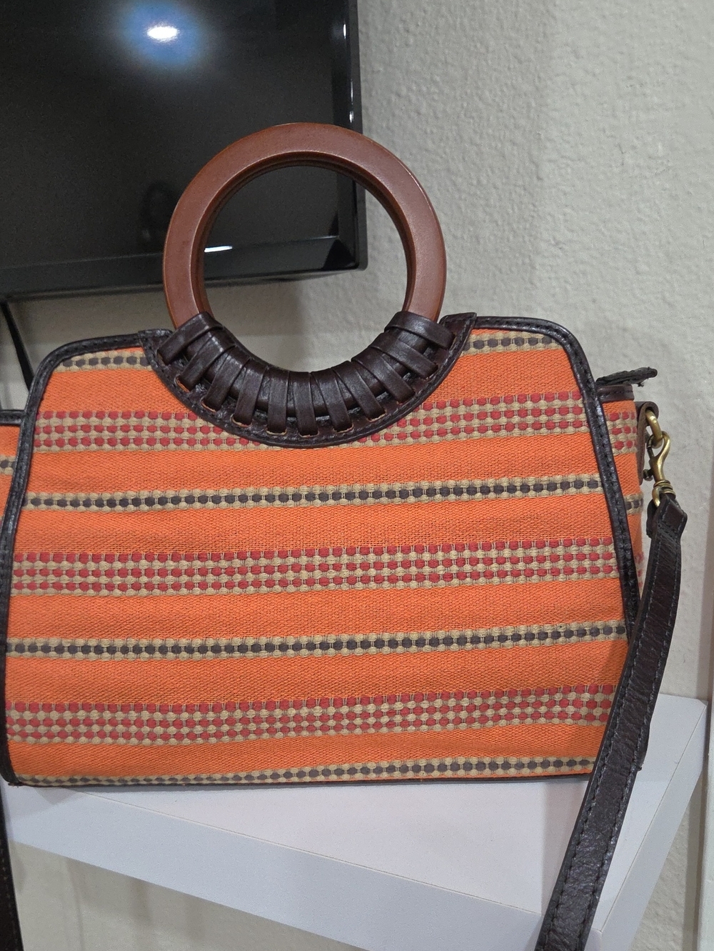 Patricia Nash Rare Orange Striped Handbag with Brown Ring Handles